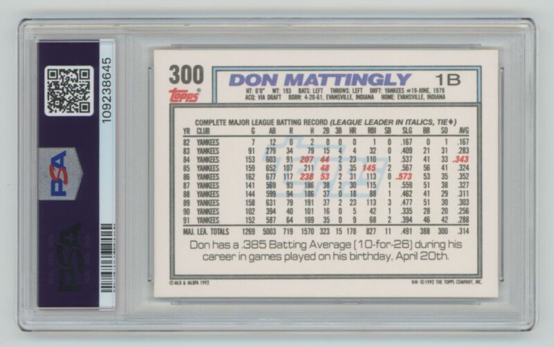 1992 TOPPS DON MATTINGLY PSA 9 NEW YORK YANKEES #300 - Image 3