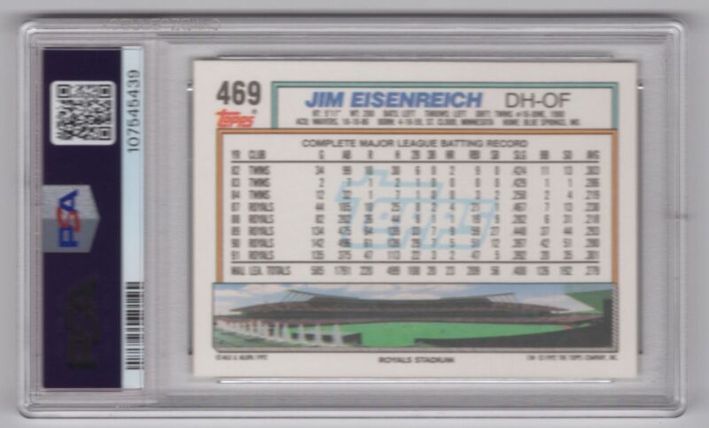 1992 TOPPS JIM EISENREICH PSA 9 KANSAS CITY ROYALS #469 POP 1 ONLY 4 HIGHER - Image 3