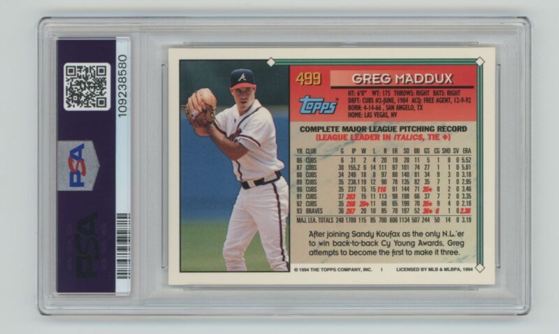 1994 TOPPS GREG MADDUX PSA 8 ATLANTA BRAVES #499 TOTAL POP 101 - Image 3