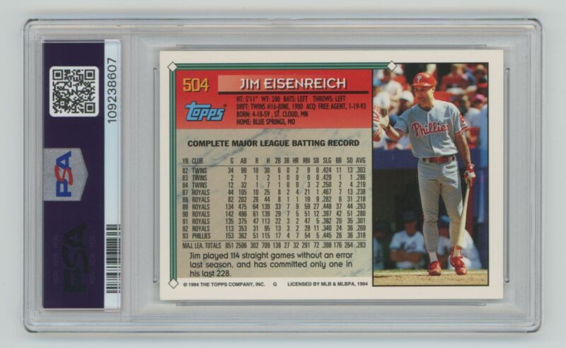 1994 TOPPS JIM EISENREICH PSA 7 PHILADELPHIA PHILLIES #504 - Image 3
