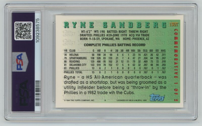 1994 TOPPS RYNE SANDBERG PSA 9 PHILADELPHIA PHILLIES #130T POP 9, TOTAL POP 38 - Image 3